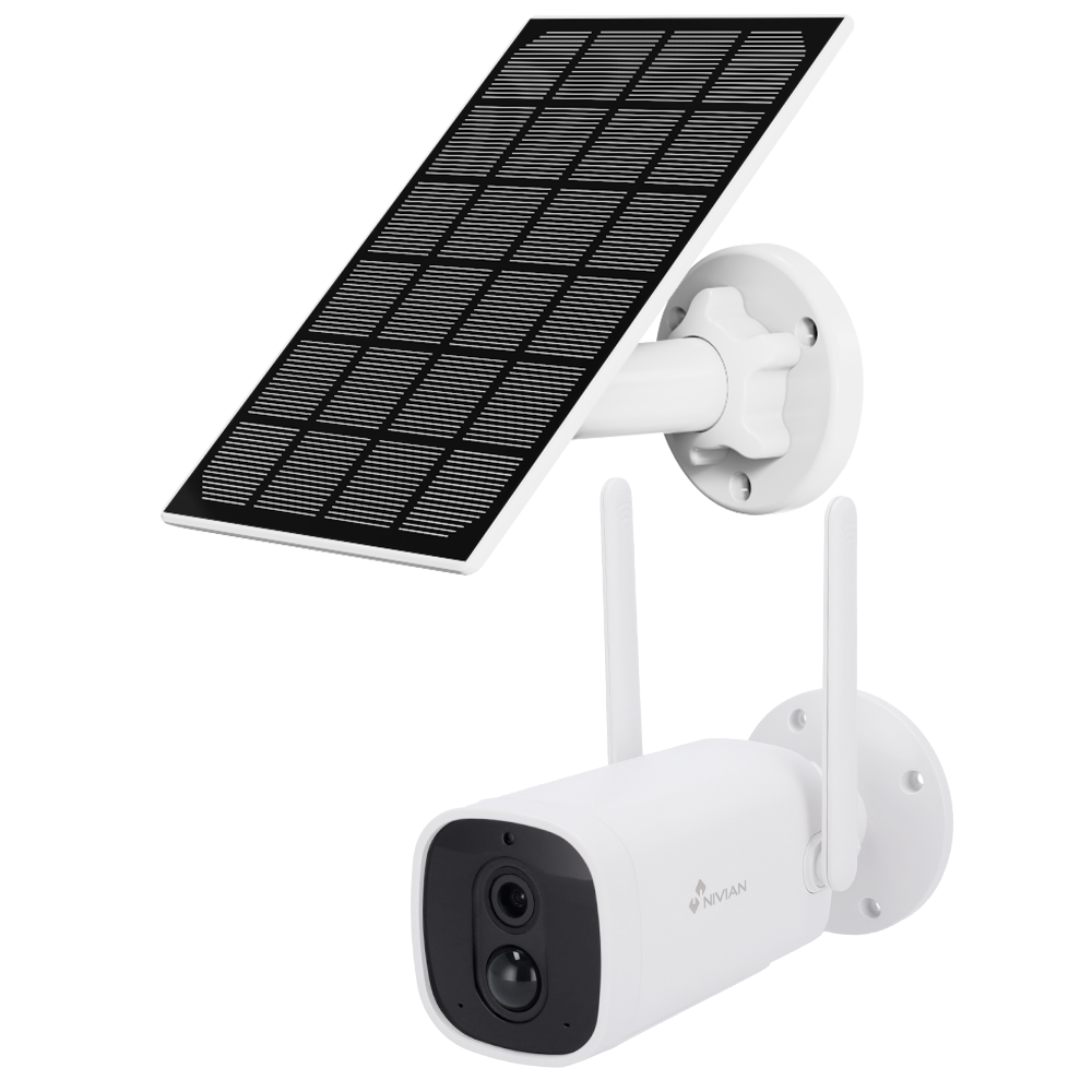 (NVS-06BATSOLAR) Caméra Smart Nivian 1080p + Panneau solaire - Wifi  2.4  GHz - Convient pour une utilisation en extérieur | IR jusqu'à 8 m - Batería10400mAh / PIR / Détection de personnes - Enregistrement sur carte microSD ou sur le cloud - Compatible TUYA Smart / Google / Alexa