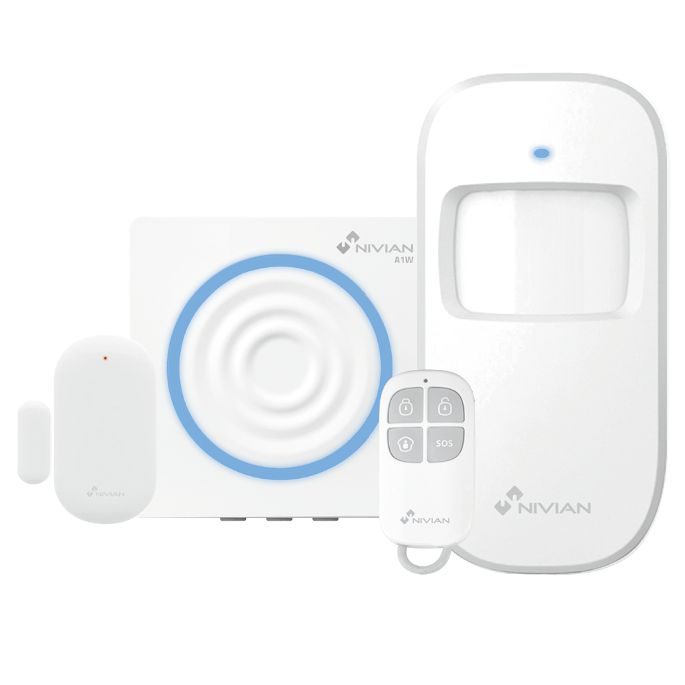 (NVS-ALARM1-W) Kit d'alarme Nivian Smart - Centrale/Sirène + PIR + Magnétique + Télécommande - Centrale avec communication WiFi - Détecteurs radio 433 MHz - Jusqu`à 60 dispositifs sans fil - Compatible TUYA Smart / Google / Alexa