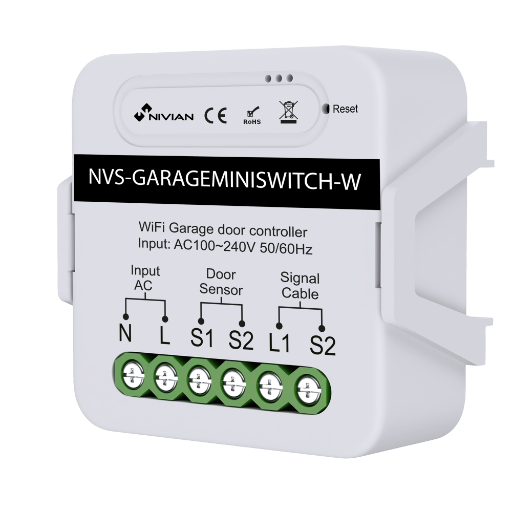 (NVS-GARAGEMINISWITCH-W) Controlador Wifi para Motor de Puerta de Garaje - WiFi 2.4 GHz IEEE802.11 b/g/n - Carga máxima 10A - Protección contra sobretensiones - Compatible con TUYA Smart - Compatible con Alexa y Asistente de Google