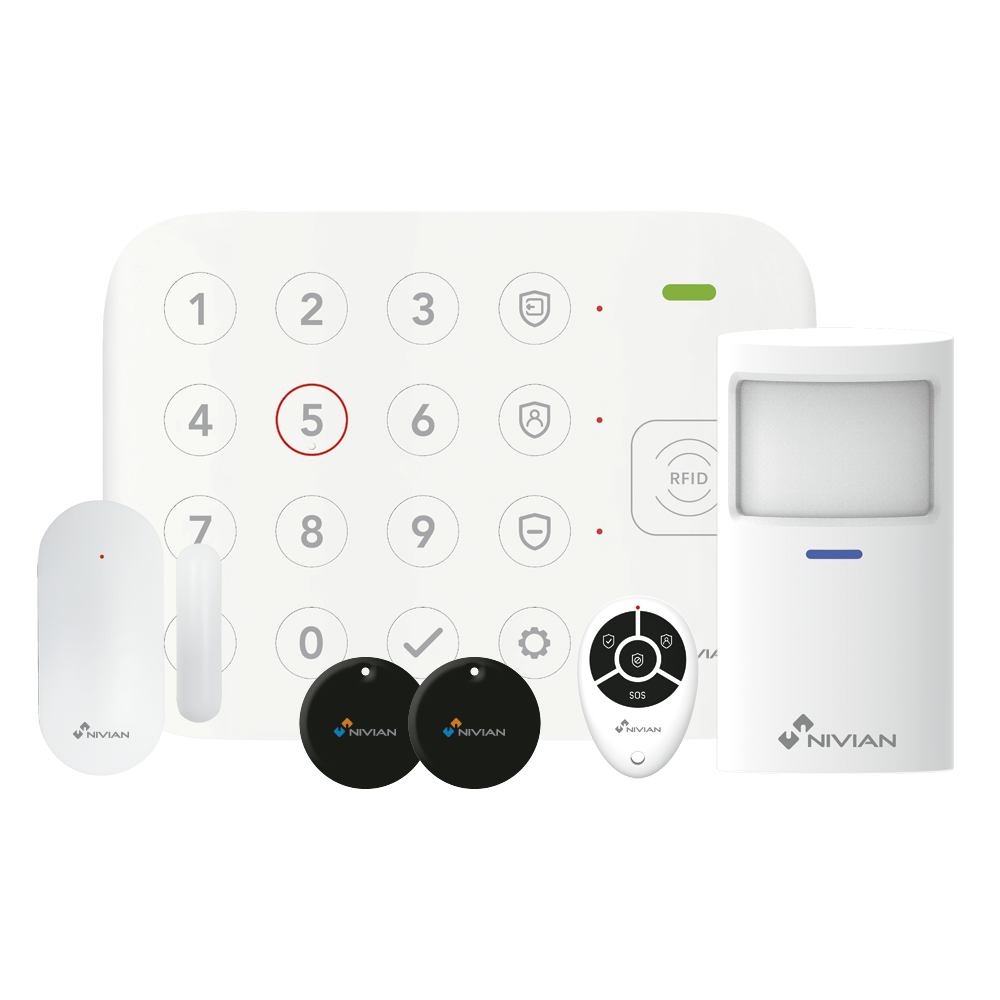 (NVS-KEYPADALARM-W) Kit d'alarme Wi-Fi sans fil Nivian Smart - Clavier et lecteur RFID - Communication WiFi  - Sans fil 433 MHz - Jusqu`à 64 dispositifs sans fil - Compatible avec la plateforme Tuya