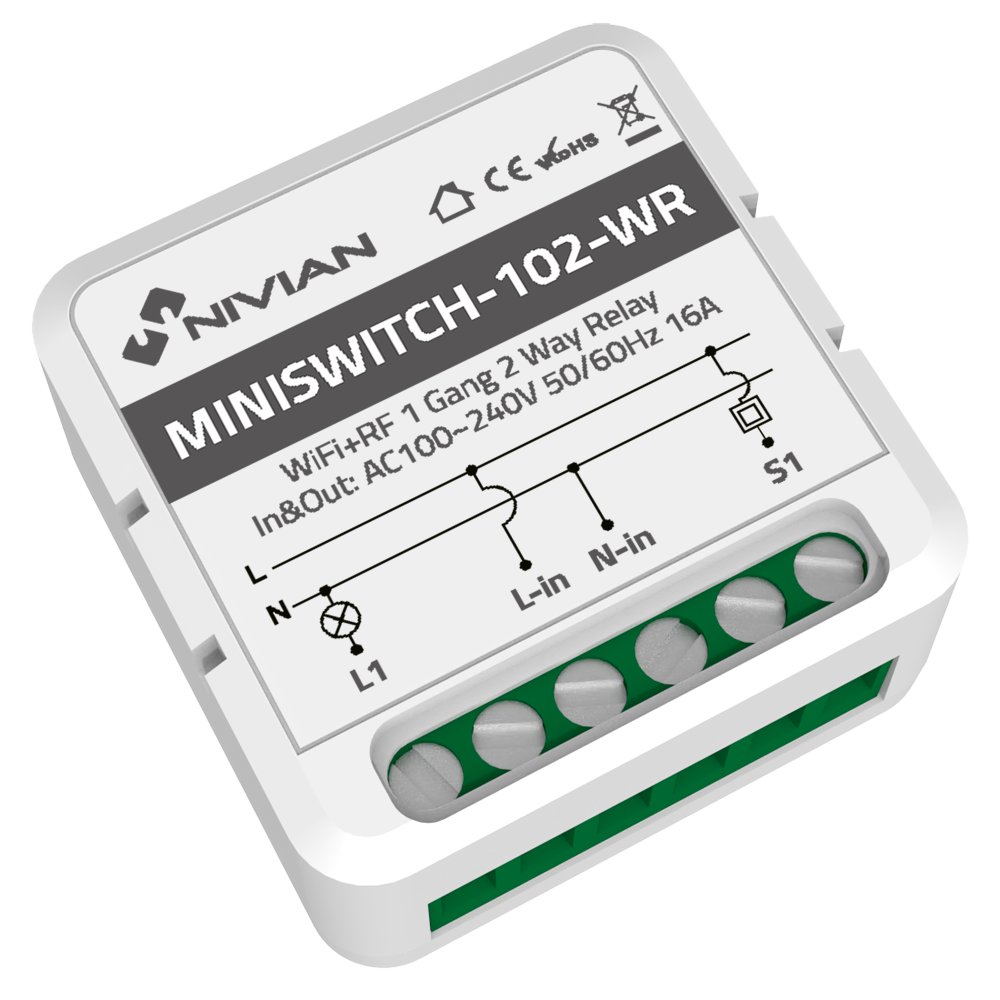 (NVS-MINISWITCH-102-WR) Relais intelligent de 1 ligne - WiFi 2.4 GHz IEEE802.11 b/g/n - Charge maximum 16A - Protection contre des surtensions - Compatible avec TUYA Smart - Compatible avec Alexa et Google Assistant