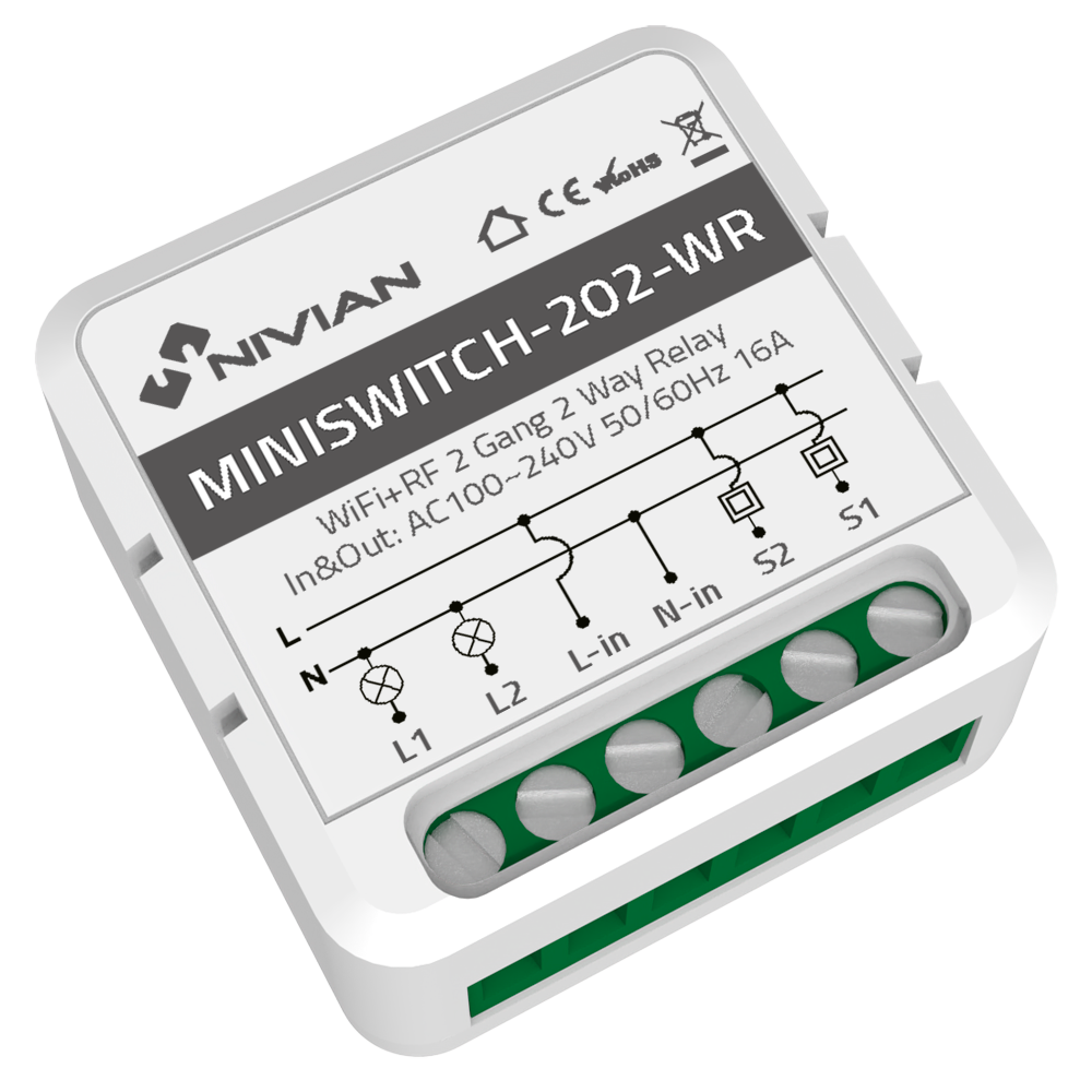 (NVS-MINISWITCH-202-WR) Relais intelligent de 2 Lignes - WiFi 2.4 GHz IEEE802.11 b/g/n - Charge maximale 16A (par ligne) - Protection contre des surtensions - Compatible avec TUYA Smart - Compatible avec Alexa et Google Assistant