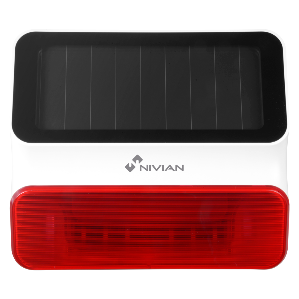 (NVS-S8A-U1) Nivian Smart - Sirène pour extérieur solaire - Alimentation solaire et batterie de secours - Flash d'alerte / Sirène 95dB - Sans fil 433MHz - Compatible avec la centrale d'alarme Nivian Smart