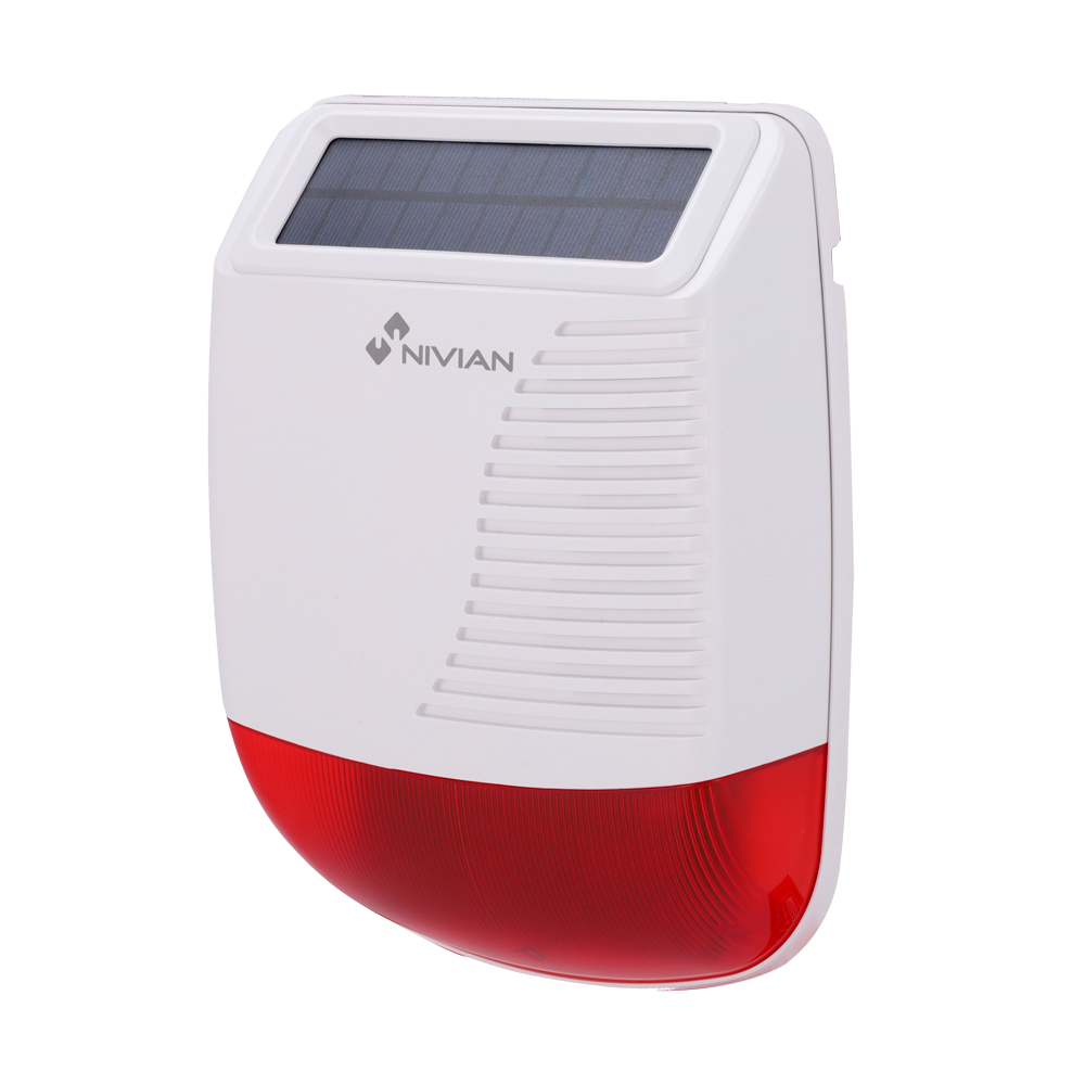 (NVS-SOLARSIREN) Nivian Smart - Sirène pour extérieur solaire - Panneau solaire intégré - Voyant lumineux / Sirène 120dB - Sans fil 433MHz - Compatible avec les kits d'alarme Nivian