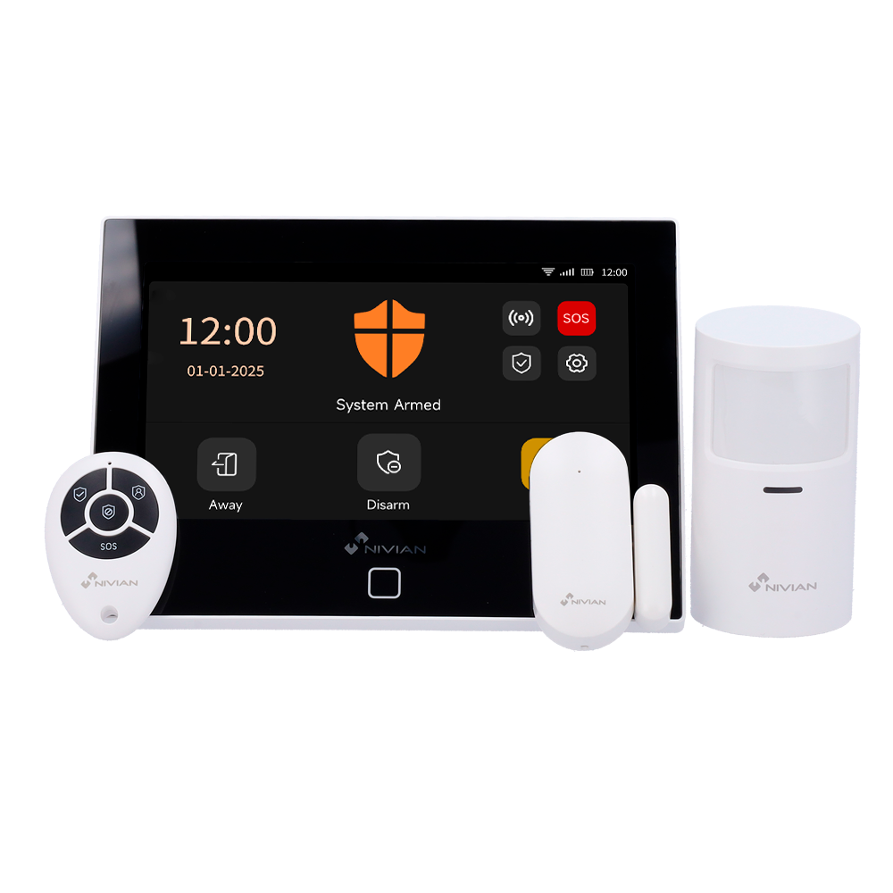 (NVS-TOUCHALARM-W) Kit d'alarme WiFi + GSM Nivian Smart - Clavier tactile  - Communication Wi-Fi et GSM 4G - Sans fil 433 MHz - Jusqu`à 166 dispositifs sans fil - Compatible avec la plateforme Tuya