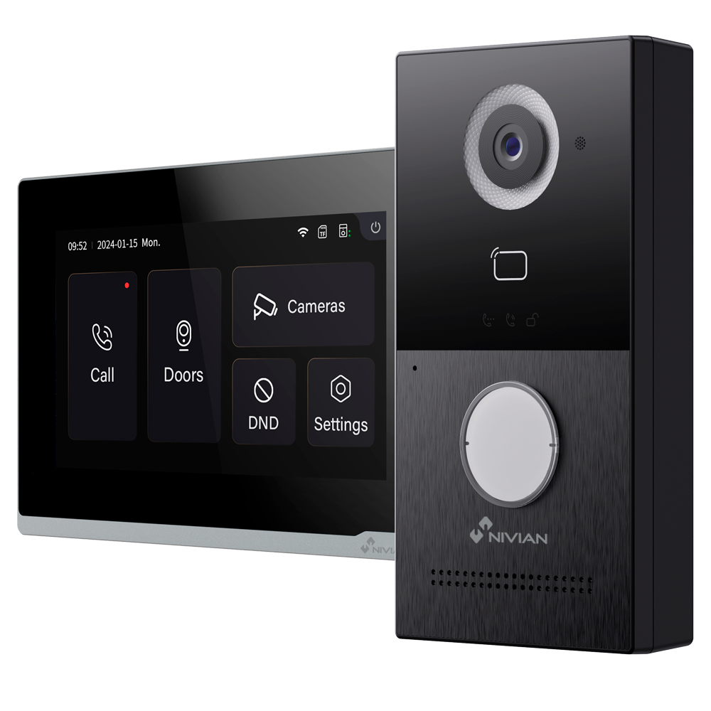 (NVS-VIDEOINTERCOM-2W) Kit vidéoportier Nivian 2 fils - Monitor WiFi - Platine de rue IP65 / Caméra 1080P - Lecteur de badges Mifare / 2 sortie relais - Moniteur tactile 7"- Application appel et ouverture à distance