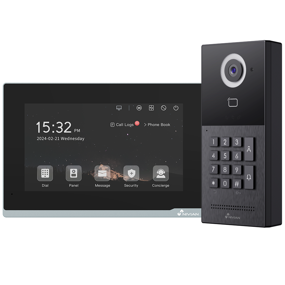 [NVS-VIDEOINTERCOM-2W-KPAD] (NVS-VIDEOINTERCOM-2W-KPAD) Kit vidéoportier Nivian 2 fils - Monitor WiFi - Platine de rue IP65 / Caméra 1080P - Lecteur de badges Mifare  et clavier à codes / 2 sortie relais - Moniteur tactile 7"- Application appel et ouverture à distance