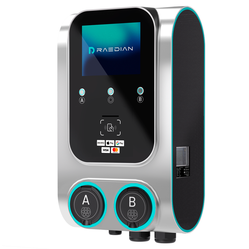 (RD-GEMINI-22WD-SS-M1-P2) Cargador doble toma para vehículos eléctricos - Potencia 2x22kW / 32A / Trifásica - Conector tipo 2  - Protección IP55 - Comunicación 4G, LAN, WiFi, BLE - Medidor MID | Pago mediante Mayax
