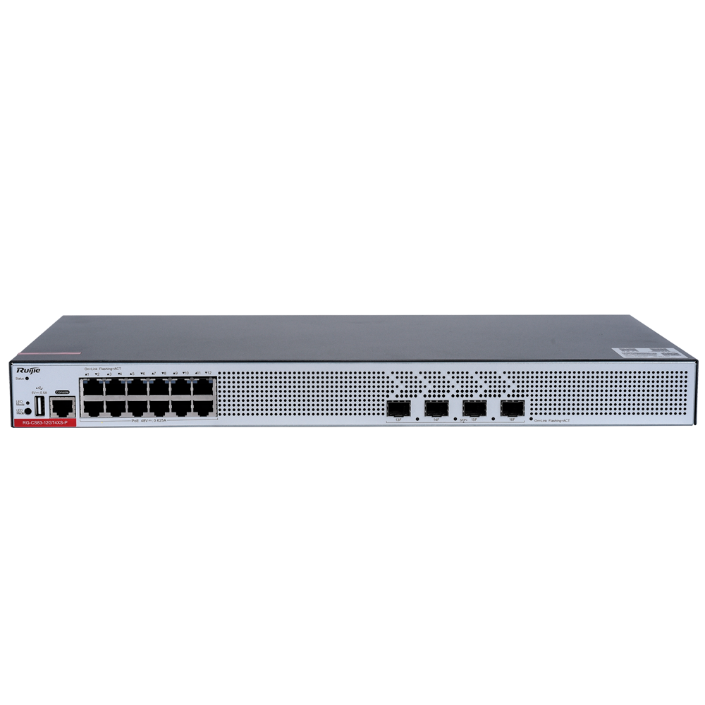 (RG-CS83-12GT4XS-P) Ruijie Switch Cloud Manageable L3 - 12 ports PoE RJ45 + 4 ports SFP+ - 12 Ports 100/1000M + 4 Ports 1/10G - VLAN/isolement des ports/STP/RSTP/ACL/QoS/RIP - LACP/DHCP Snoop/IGMP Snoop/RIP/OSPFv2/OSPFv3 - Installation sur  racks et bureaux