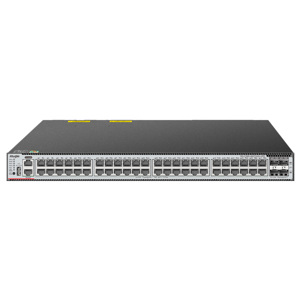 (RG-CS85-48GT4XS-HPD) Ruijie Switch Cloud Manageable L3 - 48 ports PoE RJ45 + 4 ports SFP+ - 48 Ports Gigabit + 4 Ports 1/10G - VLAN/isolation de port/STP/RSTP/ACL/QoS/RIP/BGP - LACP/DHCP Snoop/IGMP Snoop/RIP/OSPFv2-v3/BGP4 - Enrackable