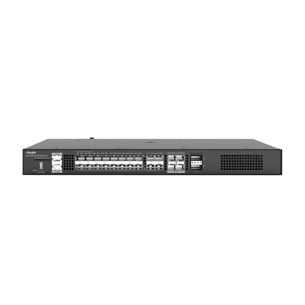 (RG-CS86-20XS4VS2QXS-D) Ruijie Switch Cloud Manageable L3 - 20 SFP+ + 4 SFP28 + 2 QSFP+ - 20 x 1/2.5/10Gb + 4 x 10/25Gb + 2 x 40Gb - VLAN/Port Isolation/STP/RSTP/ACL/QoS/RIP/BGP4 - LACP/DHCP Snoop/IGMP Snoop/RIP/OSPFv2/OSPFv3 - Enrackable