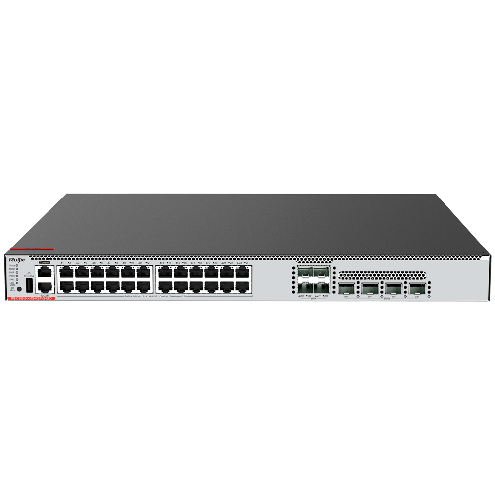 (RG-CS86-24XMG4XS4VS-UPD) Ruijie Switch Cloud Manageable L3 - 24 Multigigabit 10G + 4 SFP28 + 4 SFP+ - 24 x Multi-Gigabit 10G + 8 x 1/10/25Gb - VLAN/Port Isolation/STP/RSTP/ACL/QoS/RIP/BGP4 - LACP/DHCP Snoop/IGMP Snoop/RIP/OSPFv2/OSPFv3 - Enrackable