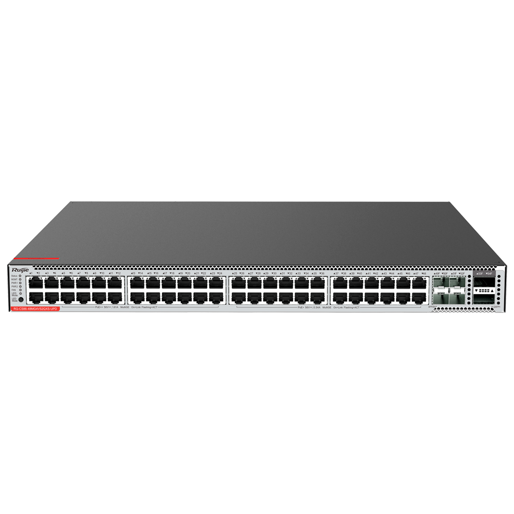 (RG-CS86-48MG4VS2QXS-UPD) Ruijie Switch Cloud Manageable L3 - 48 Multigigabit 5G + 4 SFP28 + 2 QSFP+ - 48 x MGbE 5G + 4 x 10/25GE SFP28 + 2x 40GE QSFP+ - VLAN/Port Isolation/STP/RSTP/ACL/QoS/RIP/BGP4 - LACP/DHCP Snoop/IGMP Snoop/RIP/OSPFv2/OSPFv3 - Enrackable
