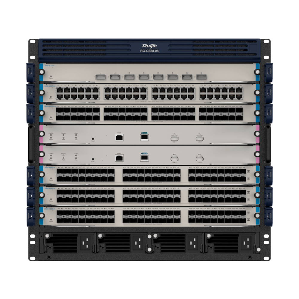 (RG-CS88-08) Châssis de Switch modulaire Ruijie L3 - 6 Slot d'extension (taille totale de 10U)) - Jusqu'à 288 GE / 288 SFP / 288 SFP+ /  48 QSFP28 - Static LAG/DHCP Snoop/IGMP Snoop/Port Mirror - VLAN/Port Isolation/STP/RSTP/ACL/QoS/802.1X - Serveur DHCP/Routes statiques/RIP/OSPF/SNMP