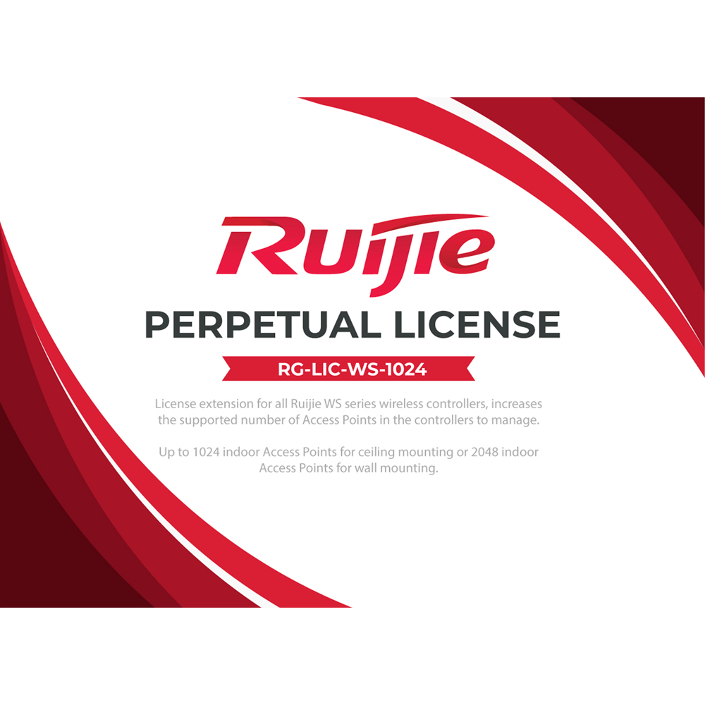 (RG-LIC-WS-1024) Licences pour les contrôleurs de la série WS de Ruijie - Augmente le nombre d'AP manageables - Jusqu'à 1024 PA standard ou 2048 PA muraux - Envoi électronique - Licence perpétuelle sans renouvellement