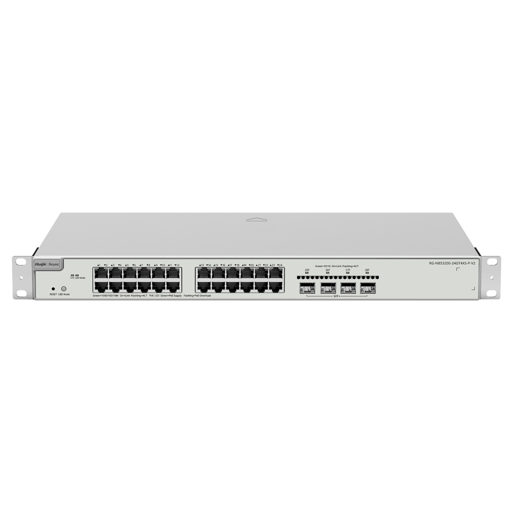 (RG-NBS3200-24GT4XS-P-V2) Reyee Switch PoE Cloud Layer 2+ - 24 ports PoE Gigabit+ 4 10Gbps SFP+ - 30 W par port 802.3af/at / Maximum 370W - Static LAG/DHCP Snoop/IGMP Snoop/Port Mirror - VLAN/Port Isolation/STP/RSTP/ACL/QoS - Enrackable