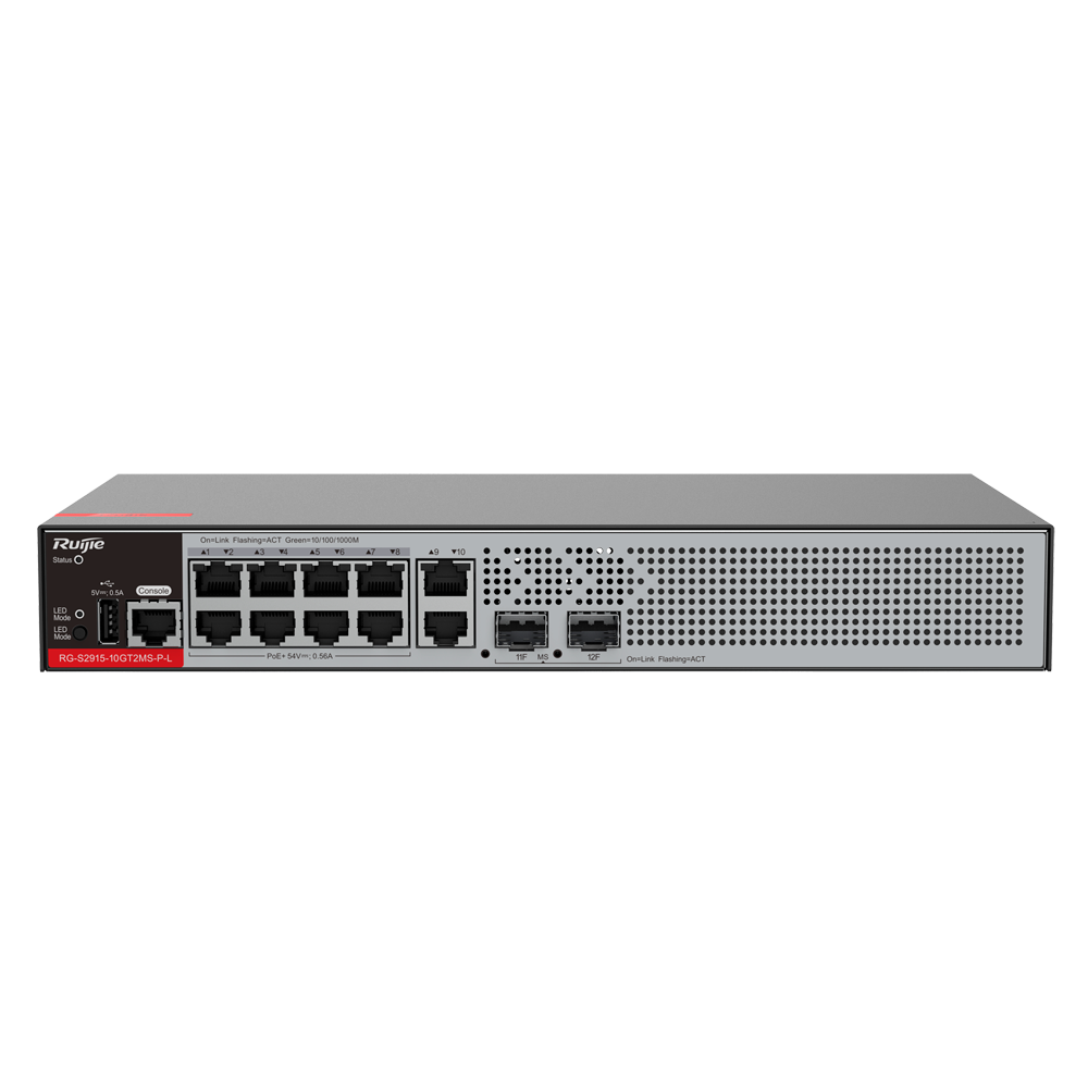 (RG-S2915-10GT2MS-P-L) Ruijie Switch PoE Cloud Manageable PoE L2+ - 8 ports RJ45 GE + 2 ports SFP 2.5Gigabit - 8 Ports PoE+ / Jusqu'à 125W puissance totale - VLAN/QinQ/STP/RSTP/ACL/QoS/RIP/Routes statiques - LACP/DHCP Snooping/IGMP Snooping/802.1x/SNMP - Enrackable