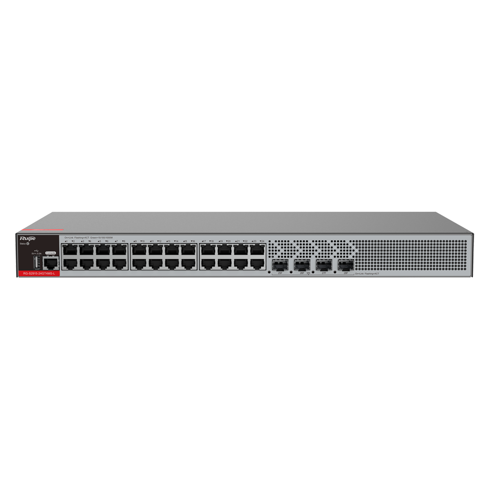 (RG-S2915-24GT4MS-L) Ruijie Switch Cloud Manageable L2+ - 24 ports RJ45 + 4 ports SFP 2.5 - Vitesse 24 x10/100/1000Mbps + 4 x1000/2500Mbps - VLAN/QinQ/STP/RSTP/ACL/QoS/RIP/Routes statiques - LACP/DHCP Snooping/IGMP Snooping/802.1x/SNMP - Enrackable
