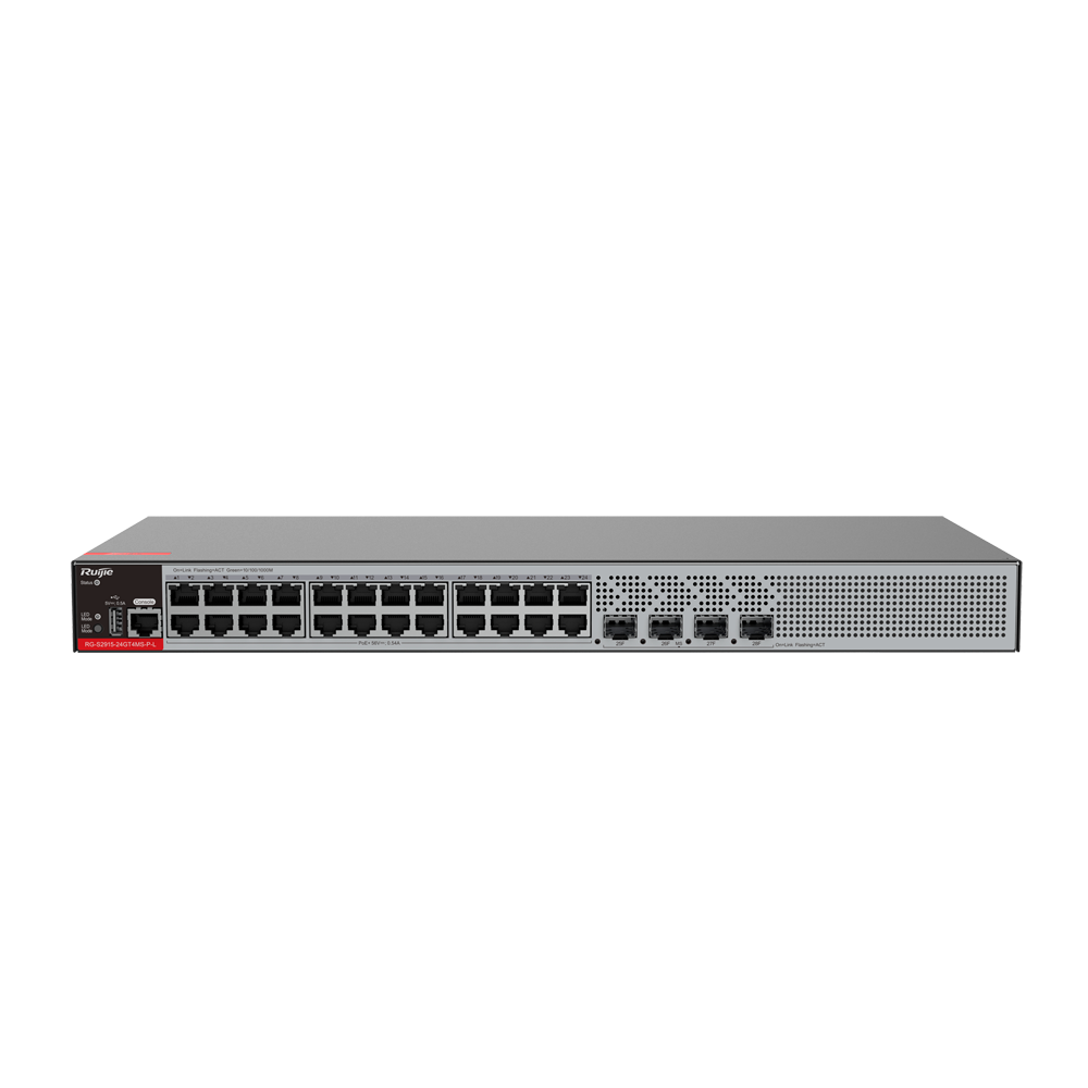 (RG-S2915-24GT4MS-P-L) Ruijie Switch PoE Cloud Manageable PoE L2+ - 24 ports RJ45 GE + 4 ports SFP 2.5Gigabit - 24 Ports PoE+ / Jusqu'à 370W puissance totale - VLAN/QinQ/STP/RSTP/ACL/QoS/RIP/Routes statiques - LACP/DHCP Snooping/IGMP Snooping/802.1x/SNMP - Enrackable