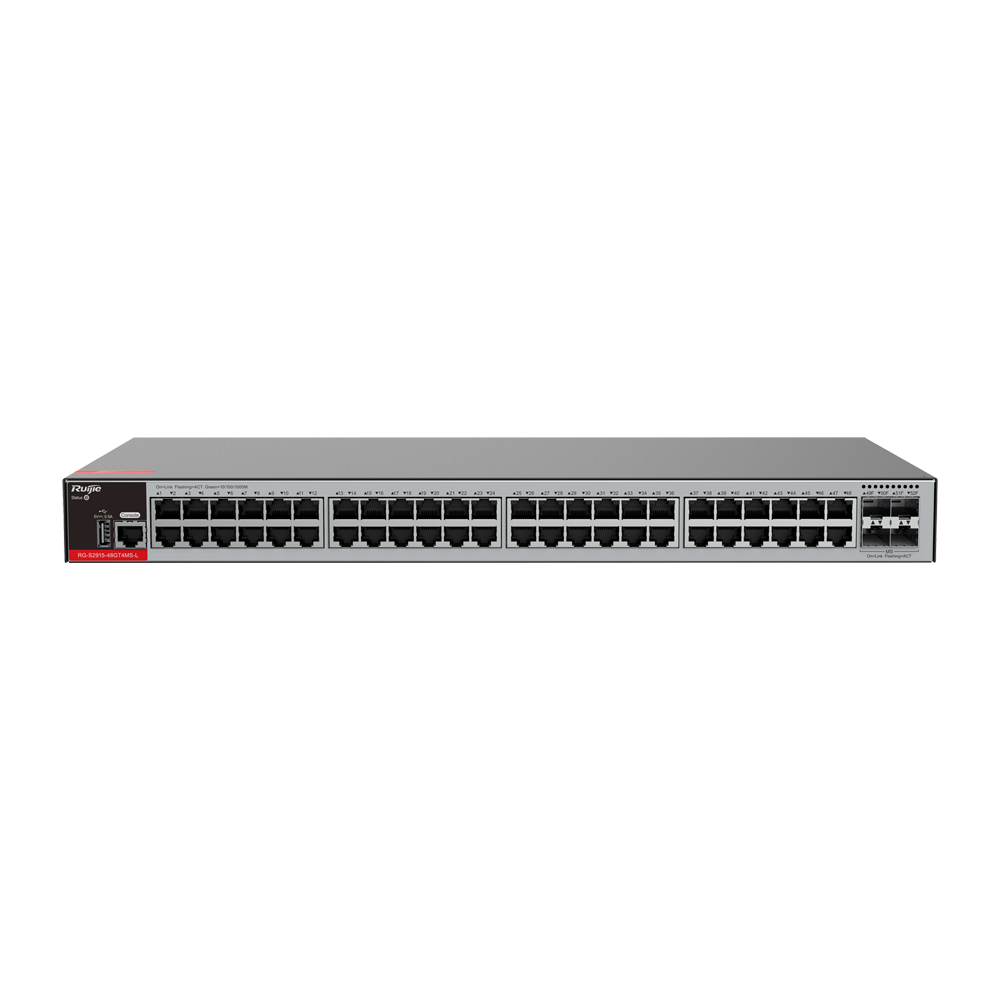 (RG-S2915-48GT4MS-L) Ruijie Switch Cloud Manageable L2+ - 48 ports RJ45 + 4 ports SFP 2.5 - Vitesse 48 x10/100/1000Mbps + 4 x1000/2500Mbps - VLAN/QinQ/STP/RSTP/ACL/QoS/RIP/Routes statiques - LACP/DHCP Snooping/IGMP Snooping/802.1x/SNMP - Enrackable