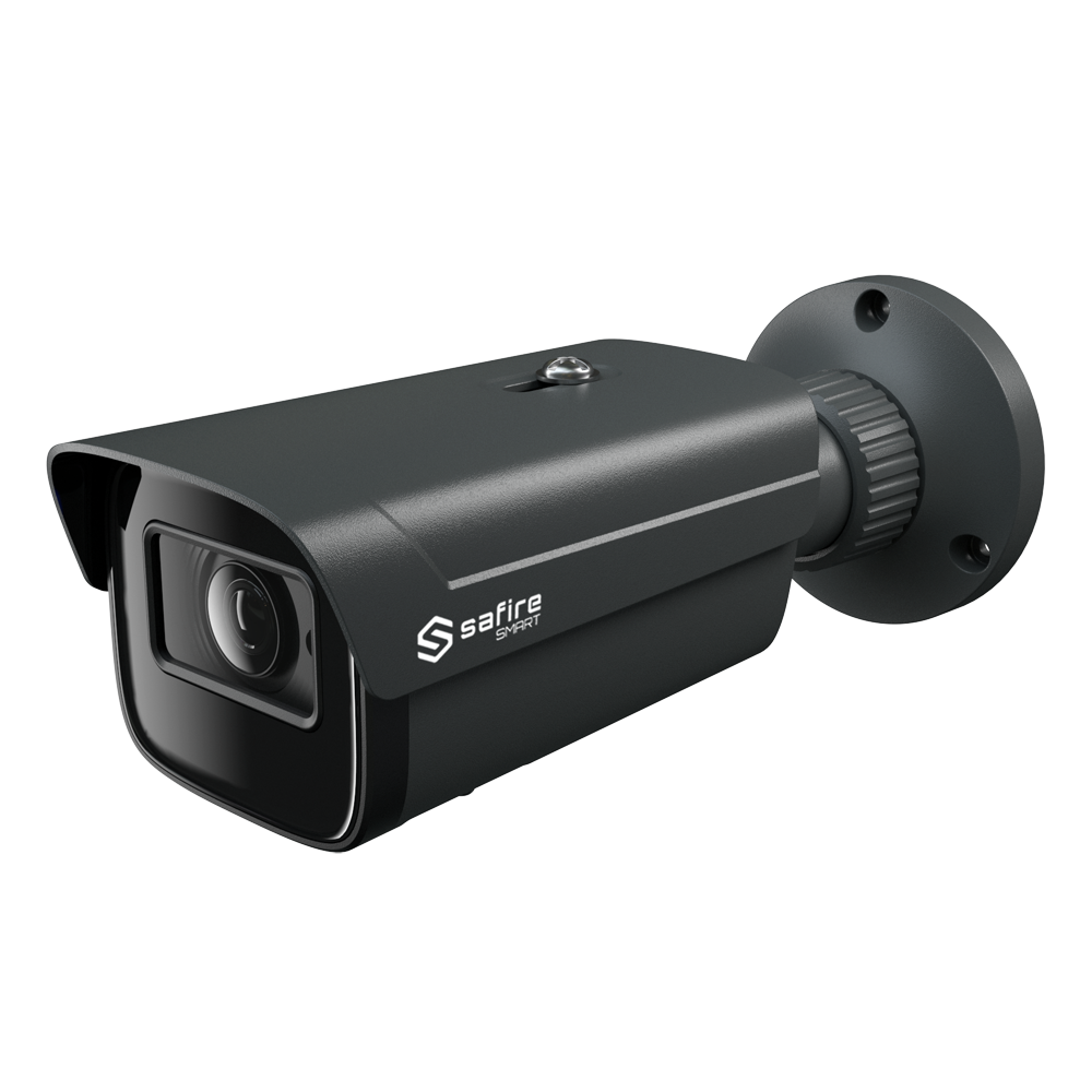 (SF-IPB580ZA-4E1-GREY) Safire Smart - Caméra Bullet IP gamme E1 Intelligence artificielle - Résolution 4 Mégapixel (2566x1440) - Objectif motorisé 2.8~12mm | Audio | IR 50m - IA: Classification des personnes et des véhicules - Étanchéité IP67 | PoE (IEEE802.3af)
