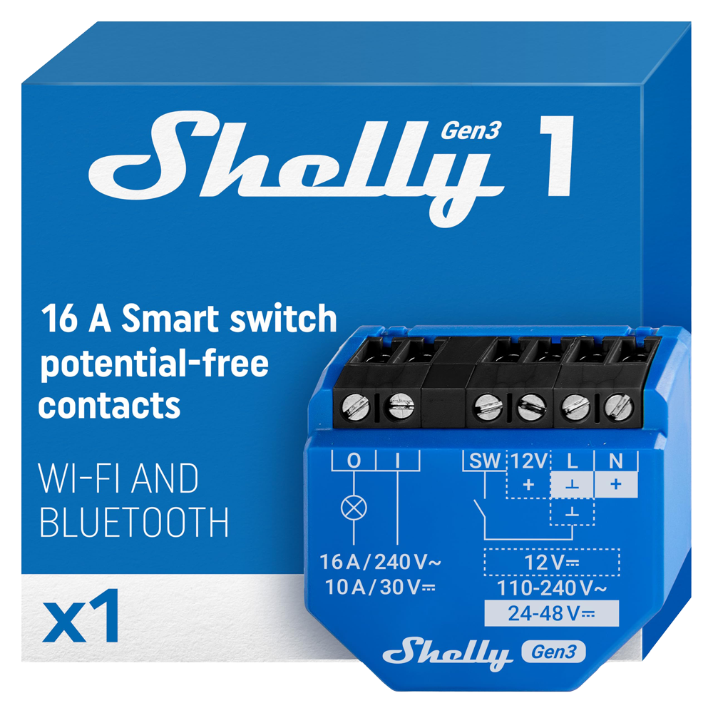 (SH-1-GEN3) Shelly 1 Gen3 - WiFi 2.4 GHz IEEE802.11 b/g/n / Bluetooth -  Interruptor inteligente  - Soporta 110-240 V~24-48 V⎓12 V⎓ - Ofrece contactos secos - Compatible con Alexa y Google