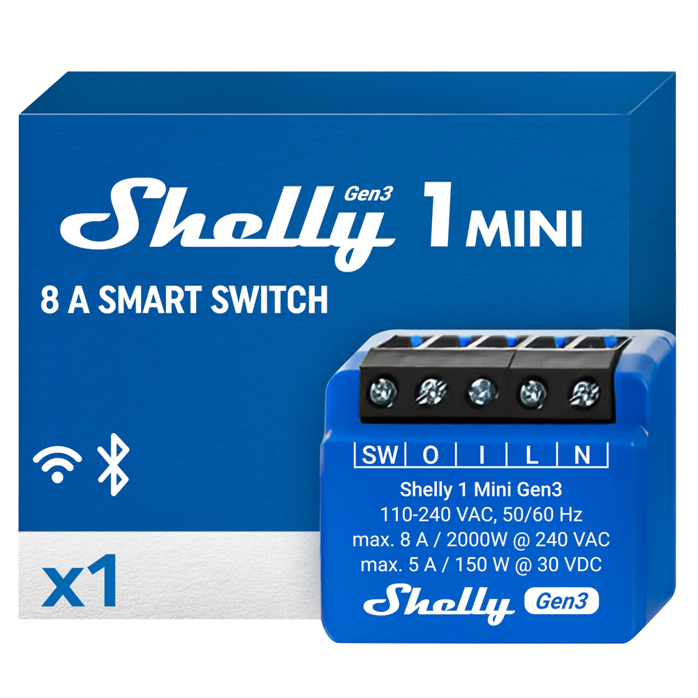 (SH-1-MINI-GEN3) Shelly 1 Mini Gen3 - WiFi 2.4 GHz IEEE802.11 b/g/n / Bluetooth -  Interruptor inteligente  - Soporta 110-240 V~24-48 V⎓12 V⎓ - Ofrece contactos secos - Compatible con Alexa y Google