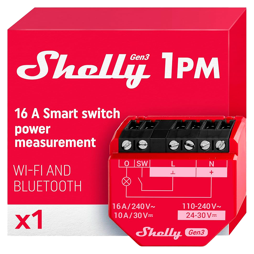 (SH-1PM-GEN3) Shelly 1PM Gen3  - WiFi 2.4 GHz IEEE802.11 b/g/n / Bluetooth -  Interruptor inteligente  - Soporta 110-240 V~24-48 V⎓12 V⎓ - Ofrece contactos secos - Compatible con Alexa y Google