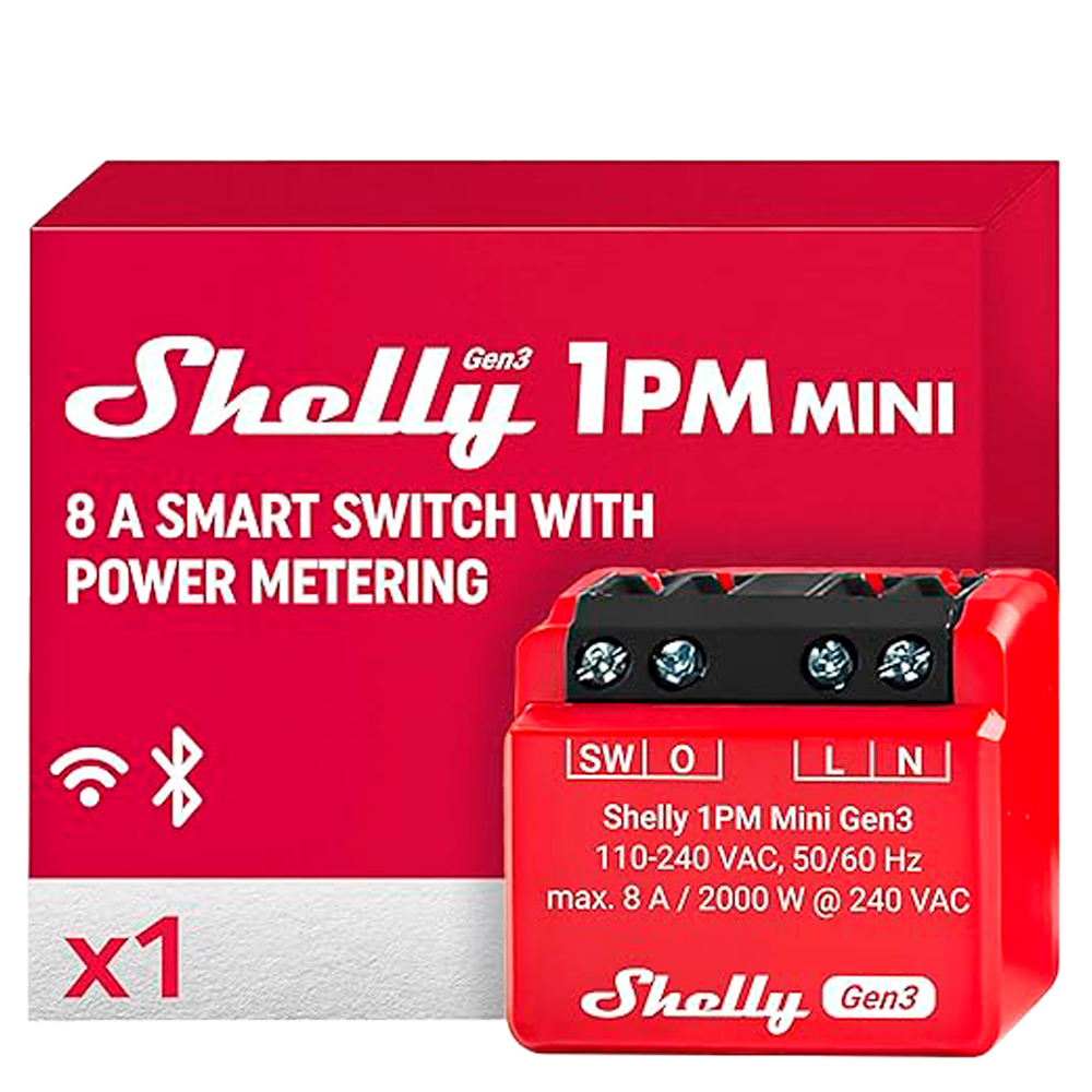 (SH-1PM-MINI-GEN3) Shelly 1PM Mini Gen3 - WiFi 2.4 GHz IEEE802.11 b/g/n / Bluetooth -  Interruptor inteligente  - Soporta 110 - 240 VCA / 24 - 30 VCC - Contacto NA, 1 polo, contacto µ - Compatible con Alexa y Google