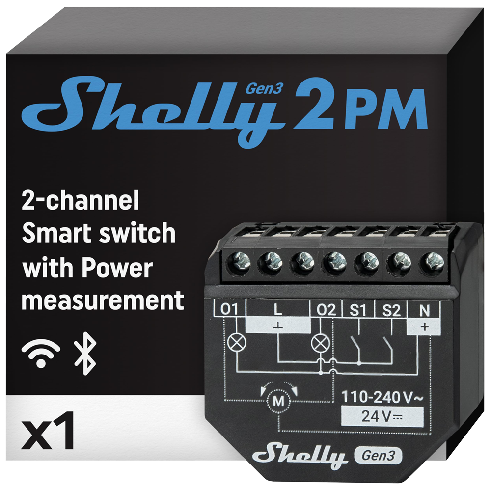 (SH-2PM-GEN3) Shelly 2PM Gen3 - WiFi 2.4 GHz IEEE802.11 b/g/n / Bluetooth -  Interruptor inteligente  - Soporta 110-240 V / 24V - Controlador de persianas - Compatible con Alexa y Google