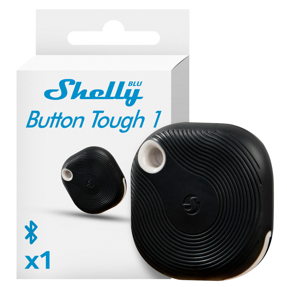 (SH-BLU-BUTTON-TOUGH-1-B) Shelly Blu Button Tough 1 Negro - Bluetooth - Permite controlar electrodomésticos  - Resistente a golpes, salpicaduras y polvo - Atenuar y activar escenas - Compatible con Alexa y Google