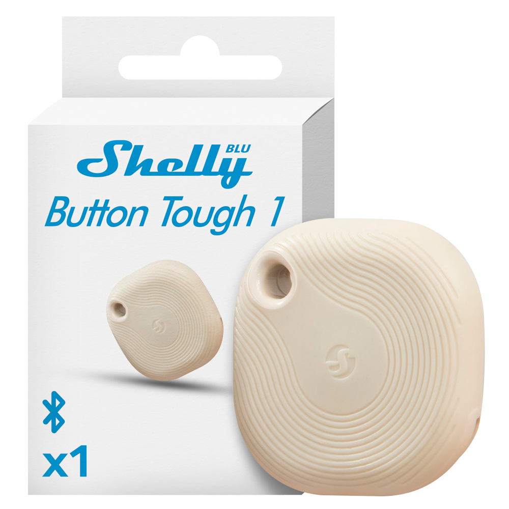 (SH-BLU-BUTTON-TOUGH-1-IVORY) Shelly Blu Button Tough 1 Ivory - Bluetooth - Permite controlar electrodomésticos  - Resistente a golpes, salpicaduras y polvo - Atenuar y activar escenas - Compatible con Alexa y Google