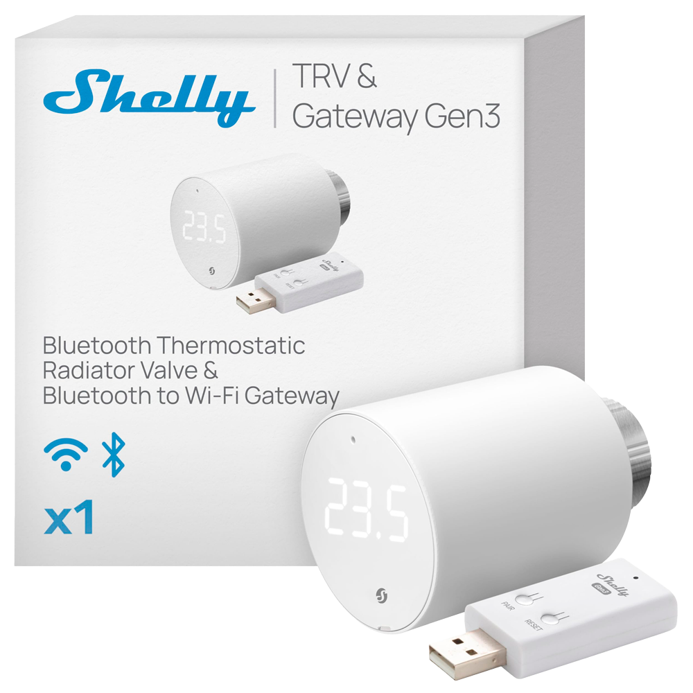 (SH-BLU-TRVX1-SH-BLU-GATEWAY-GEN3) Shelly BLU TRV x1 + Shelly Blu Gateway Gen3 - WiFi 2.4 GHz IEEE802.11 b/g/n / Bluetooth - Cabezal Termostático Inteligente - Incluye HUB / Gateway - Control preciso de temperatura - Compatible con Alexa y Google