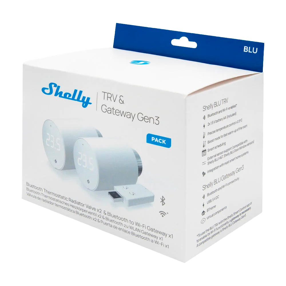 (SH-BLU-TRVX2-SH-BLU-GATEWAY-GEN3) Shelly BLU TRV x2 + Shelly Blu Gateway Gen3 - WiFi 2.4 GHz IEEE802.11 b/g/n / Bluetooth - Cabezal Termostático Inteligente - Incluye HUB / Gateway - Control preciso de temperatura - Compatible con Alexa y Google