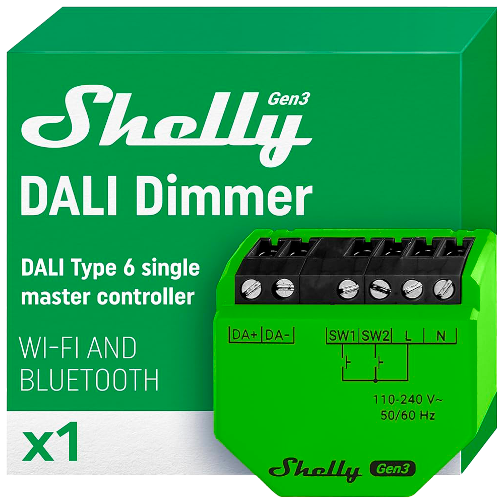(SH-DALI-DIMMER-GEN3) Shelly DALI Dimmer Gen3 - WiFi 2.4 GHz IEEE802.11 b/g/n - Bluetooth - Regulador intensidad de luminarias DALI - Soporta 110-240 V - Efectos predefinidos - Compatible con Alexa y Google