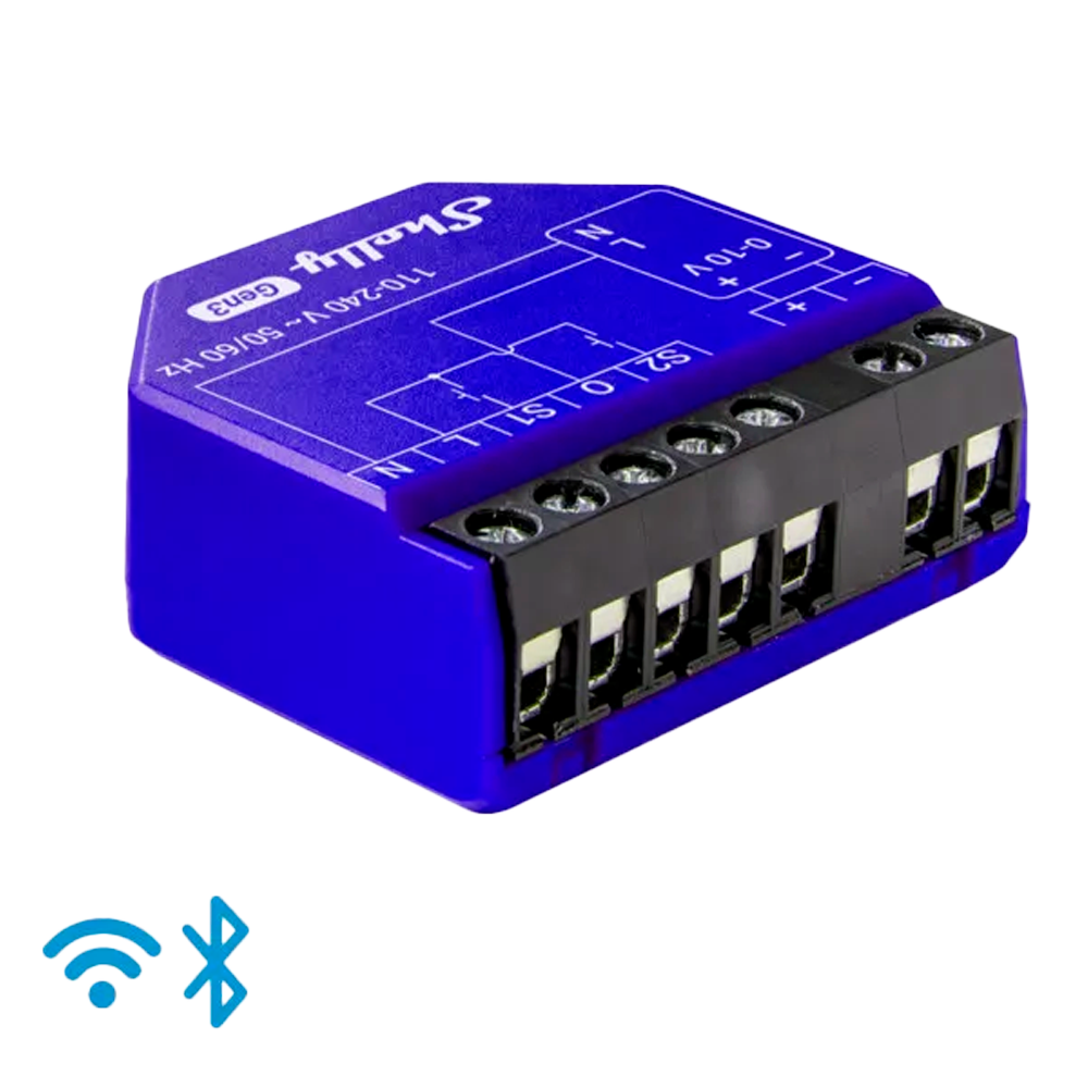 (SH-DIMMER-01-10V-GEN3) Shelly Dimmer 0/1-10V PM Gen3 - WiFi 2.4 GHz IEEE802.11 b/g/n - Bluetooth - Regulador para luces, motores y válvulas - Admite 0-10 V y 1-10 V  - Efectos predefinidos - Compatible con Alexa y Google