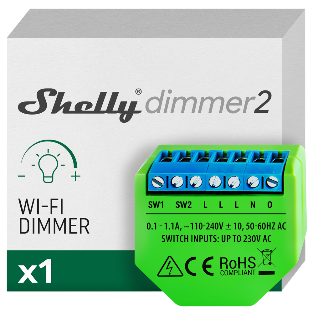(SH-DIMMER-2) Shelly Dimmer 2 - WiFi 2.4 GHz IEEE802.11 b/g/n - Regulador intensidad de luz - Soporta 110-230 V - Efectos predefinidos - Compatible con Alexa y Google