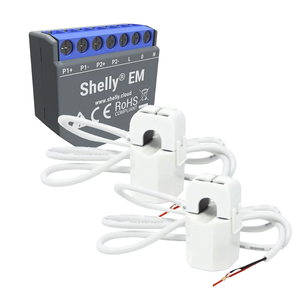(SH-EM-2X-50A) Shelly EM + 2 x 50A - WiFi 2.4 GHz IEEE802.11 b/g/n - Medidor de consumo - Soporta 110-240 V - Ideal para viviendas - Compatible con Alexa y Google