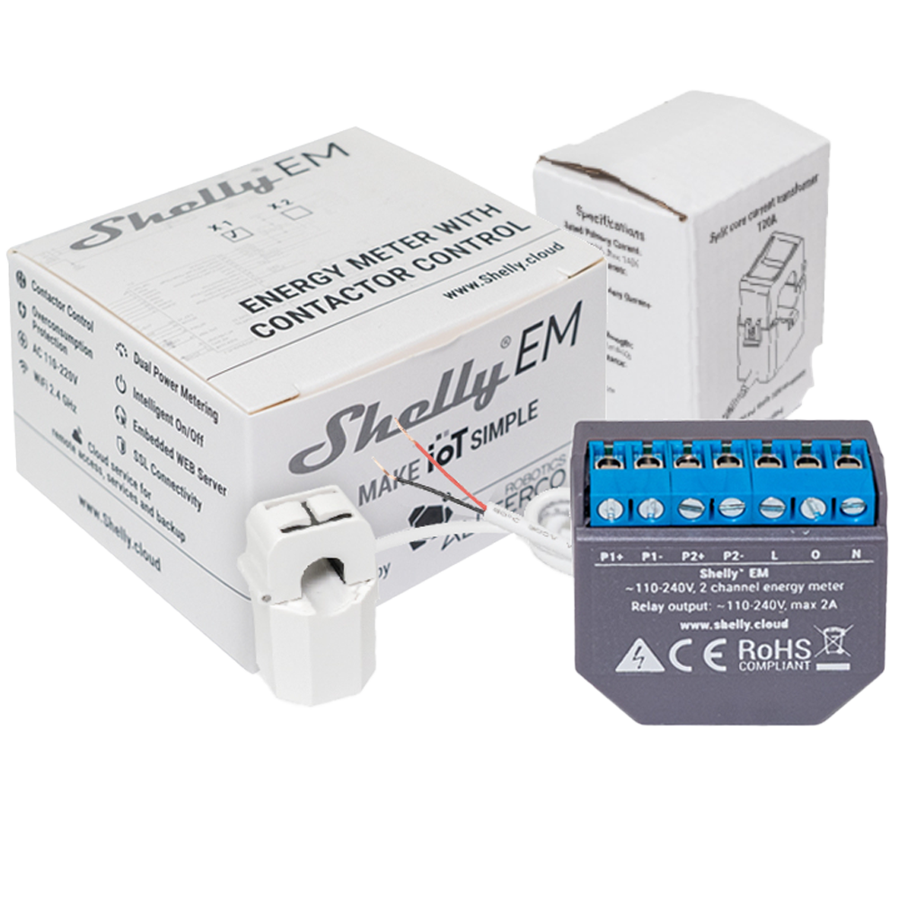 (SH-EM-50A) Shelly EM + 50A - WiFi 2.4 GHz IEEE802.11 b/g/n - Medidor de consumo - Soporta 110-230 V - Ideal para viviendas - Compatible con Alexa y Google