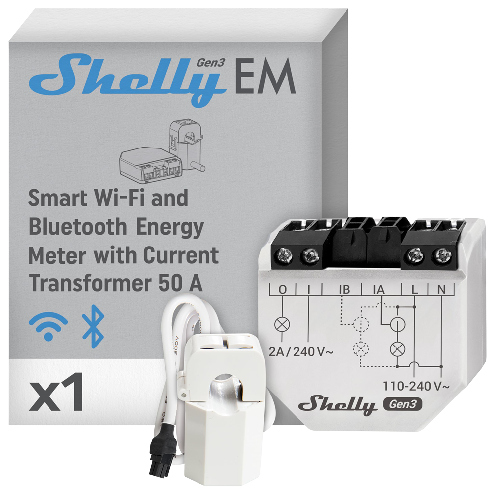 (SH-EM-GEN3-50A) Shelly EM Gen3 + 50A - WiFi 2.4 GHz IEEE802.11 b/g/n - Medidor de consumo - Soporta 110-240 V - Ideal para viviendas - Compatible con Alexa y Google
