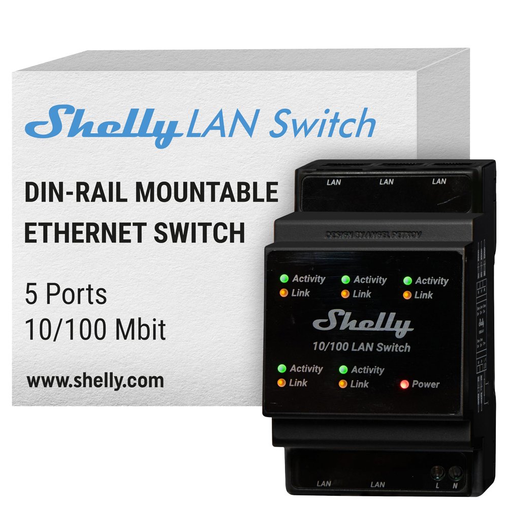 (SH-LAN-SWITCH) Shelly LAN Switch - Montable en DIN - 5 puertos RJ45 - Soporta 110V - 230V - Conmutador Ethernet - Ampliar las capacidades de su red