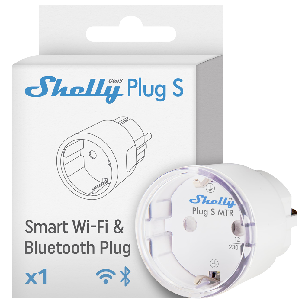 (SH-PLUG-S-MTR-GEN3-W) Shelly Plug S MTR Gen3 (White) - WiFi 2.4 GHz IEEE802.11 b/g/n / Bluetooth - Medidor de consumo - Soporta 220 - 230 V - Apto para domótica de viviendas  - Compatible con Alexa, Google y Apple