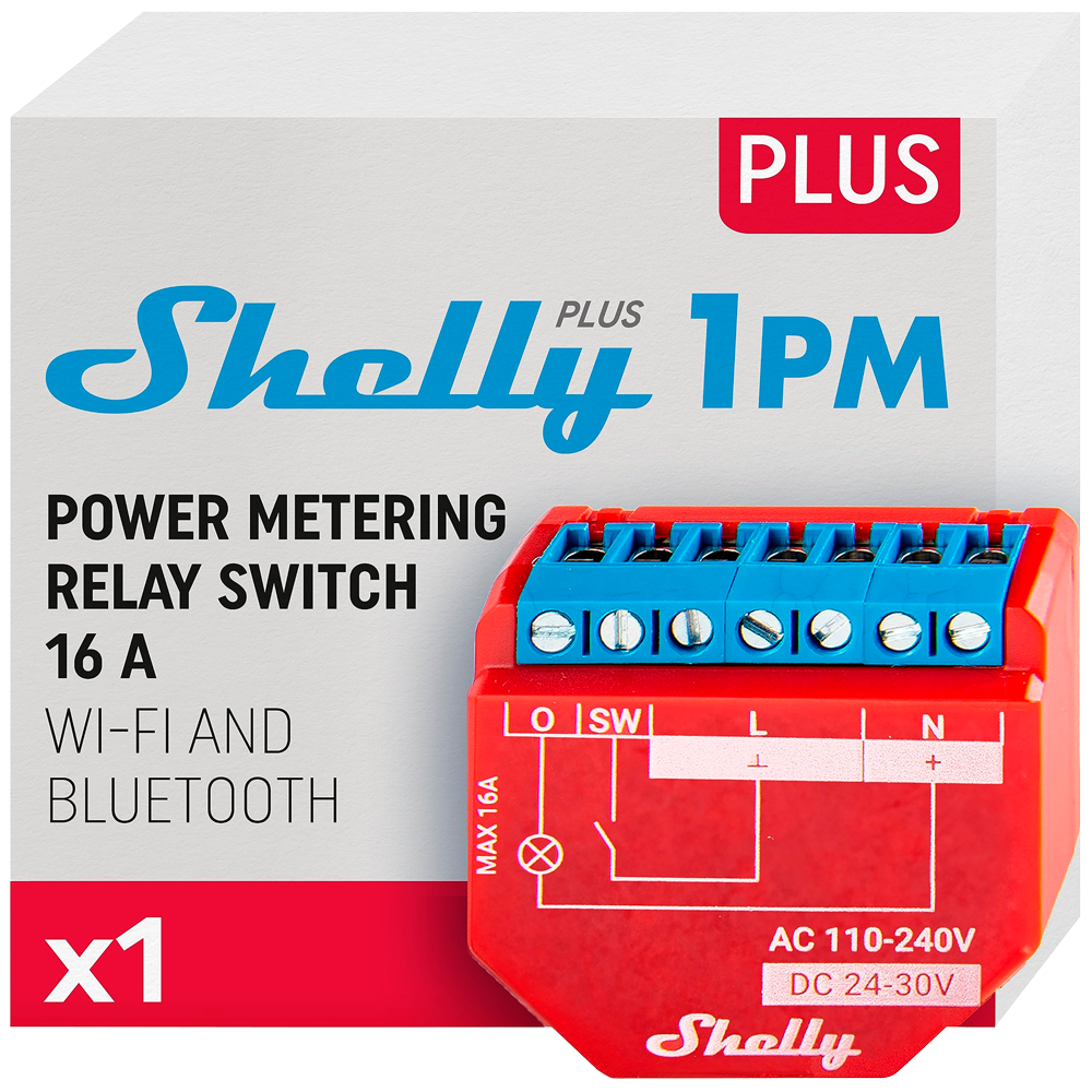 (SH-PLUS-1PM) Shelly Plus 1PM - WiFi 2.4 GHz IEEE802.11 b/g/n / Bluetooth -  Interruptor inteligente  - Soporta 110-240 V / 24V - Medidor de consumo - Compatible con Alexa y Google