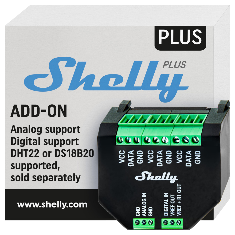 (SH-PLUS-ADDON) Shelly Plus AddOn - WiFi 2.4 GHz IEEE802.11 b/g/n / Bluetooth - Interfaz de sensor aislada - Soporta 3,3 V (del dispositivo Shelly plus) - Entrada analógica y digital - Compatible con Alexa y Google