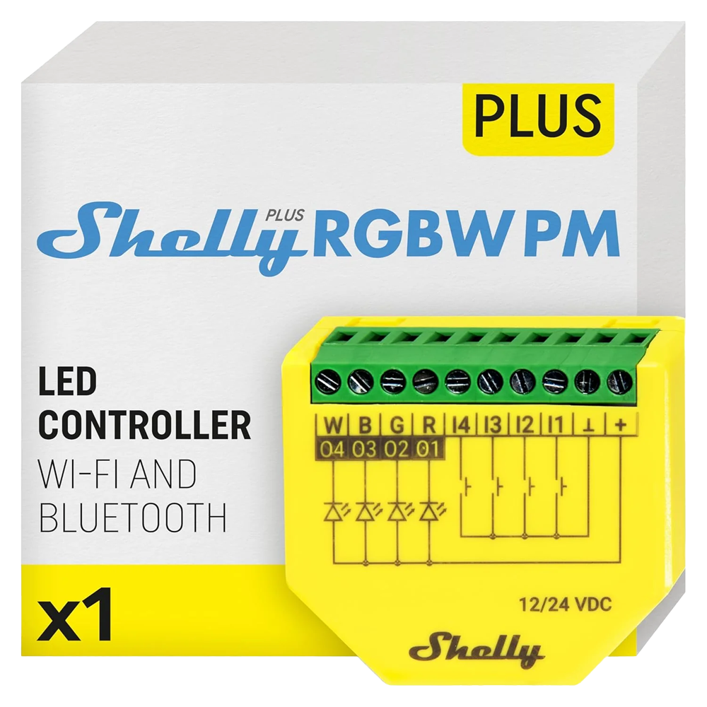 (SH-PLUS-RGBW-PM) Shelly Controlador RGBW para tiras LED - WiFi 2.4 GHz IEEE802.11 b/g/n / Bluetooth - Admite cualquier tira de LED RGB/RGBW - Soporta 12V / 24V - Medición de potencia - Compatible con Alexa y Google