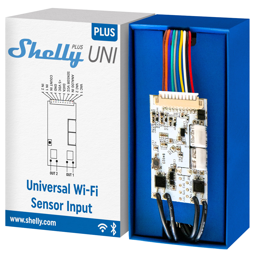 (SH-PLUS-UNI) Shelly Plus Uni - WiFi 2.4 GHz IEEE802.11 b/g/n / Bluetooth - Modulo inteligente  - Soporta 8-24 VAC / 9-28 VDC / 5 VDC - Ofrece contactos secos - Compatible con Alexa y Google