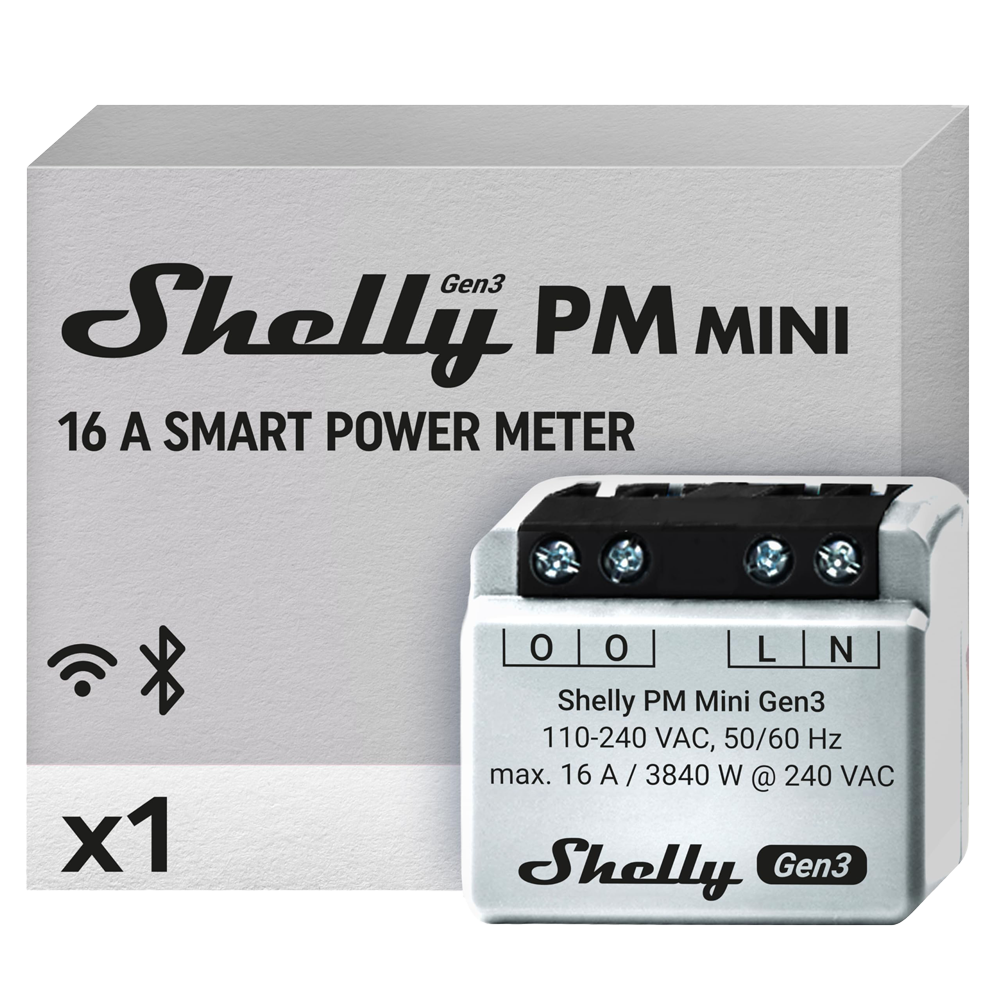(SH-PM-MINI-GEN3) Shelly PM Mini Gen3 - WiFi 2.4 GHz IEEE802.11 b/g/n / Bluetooth -  Interruptor inteligente  - Soporta 110 - 240 VCA / 24 - 30 VCC - Contacto NA, 1 polo, contacto µ - Compatible con Alexa y Google