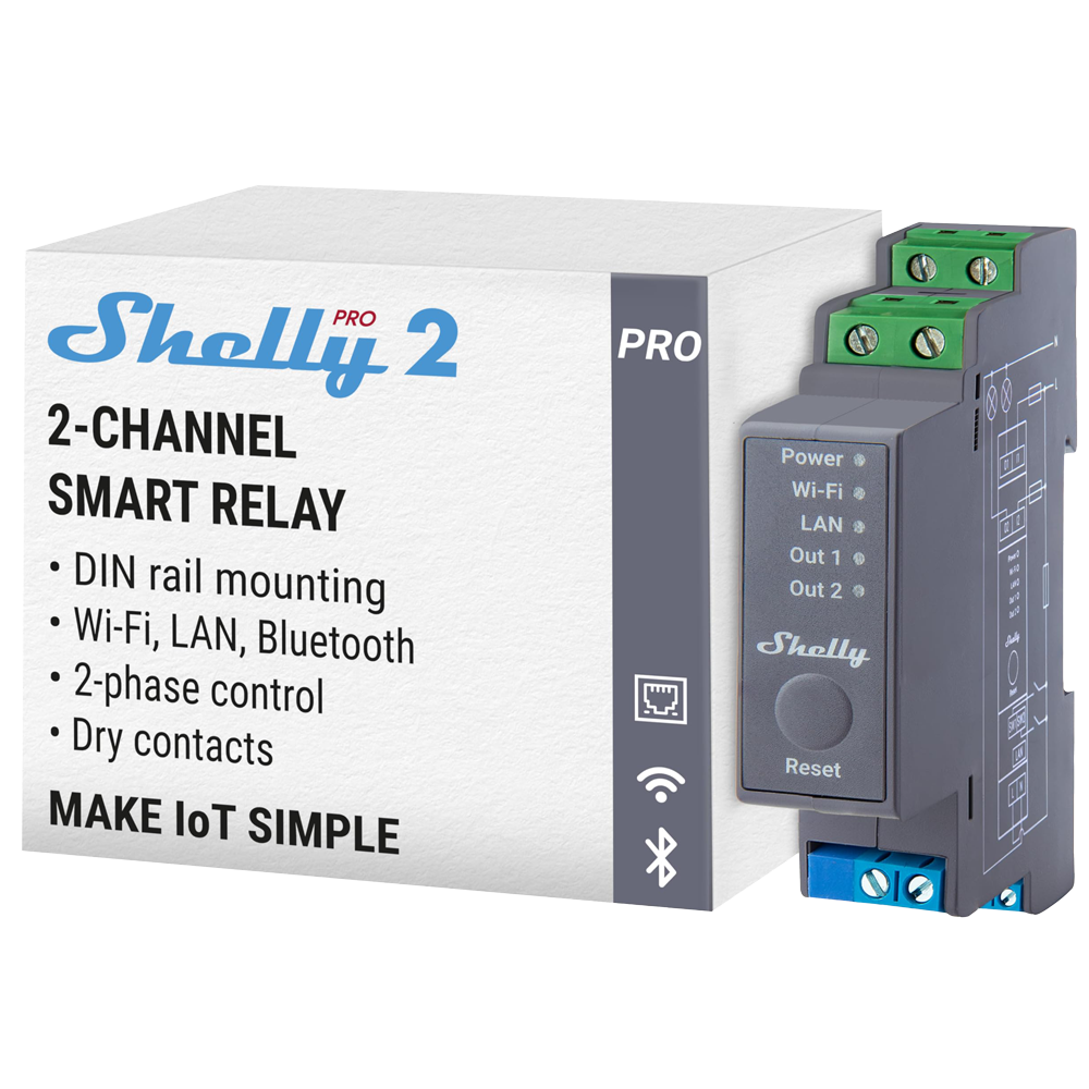 (SH-PRO-2) Shelly Pro 2 - WiFi 2.4 GHz IEEE802.11 b/g/n / Bluetooth -  Interruptor inteligente carril DIN - Soporta 110-240 V - Apto para domótica de viviendas  - Compatible con Alexa y Google