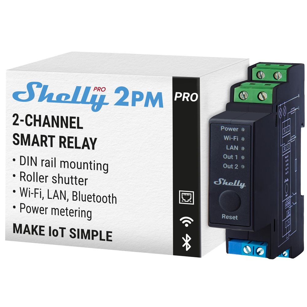 (SH-PRO-2PM) Shelly Pro 2PM - WiFi 2.4 GHz IEEE802.11 b/g/n / Bluetooth -  Interruptor inteligente carril DIN - Soporta 110-240 V - Medidor de potencia - Compatible con Alexa y Google