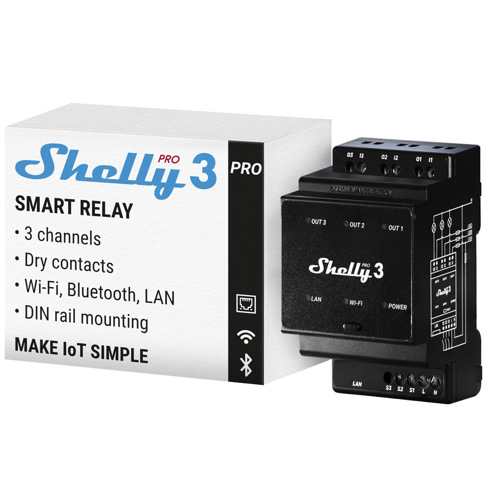 (SH-PRO-3) Shelly Pro 3 - WiFi 2.4 GHz IEEE802.11 b/g/n / Bluetooth -  Interruptor inteligente carril DIN - Soporta 110-240 V - Apto para domótica de viviendas  - Compatible con Alexa y Google